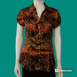 3/$30 𝅺SPENSE Tribal Batik Satin Button Down Short Sleeve Shirt Small